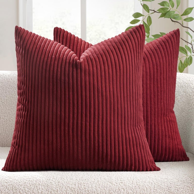MIULEE Winter Pack of 2 Corduroy Soft Soild Decorative Square Christmas Throw Pillow Covers Cushion Cases Pillow Cases for Couch Sofa Bedroom Car 22 x 22 Inch Burgundy - Image 1